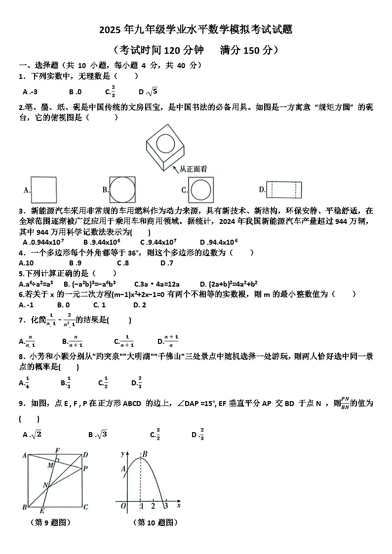 2025年九年级下学期数学模拟考试试题以及答案(适用北师大版)第1页