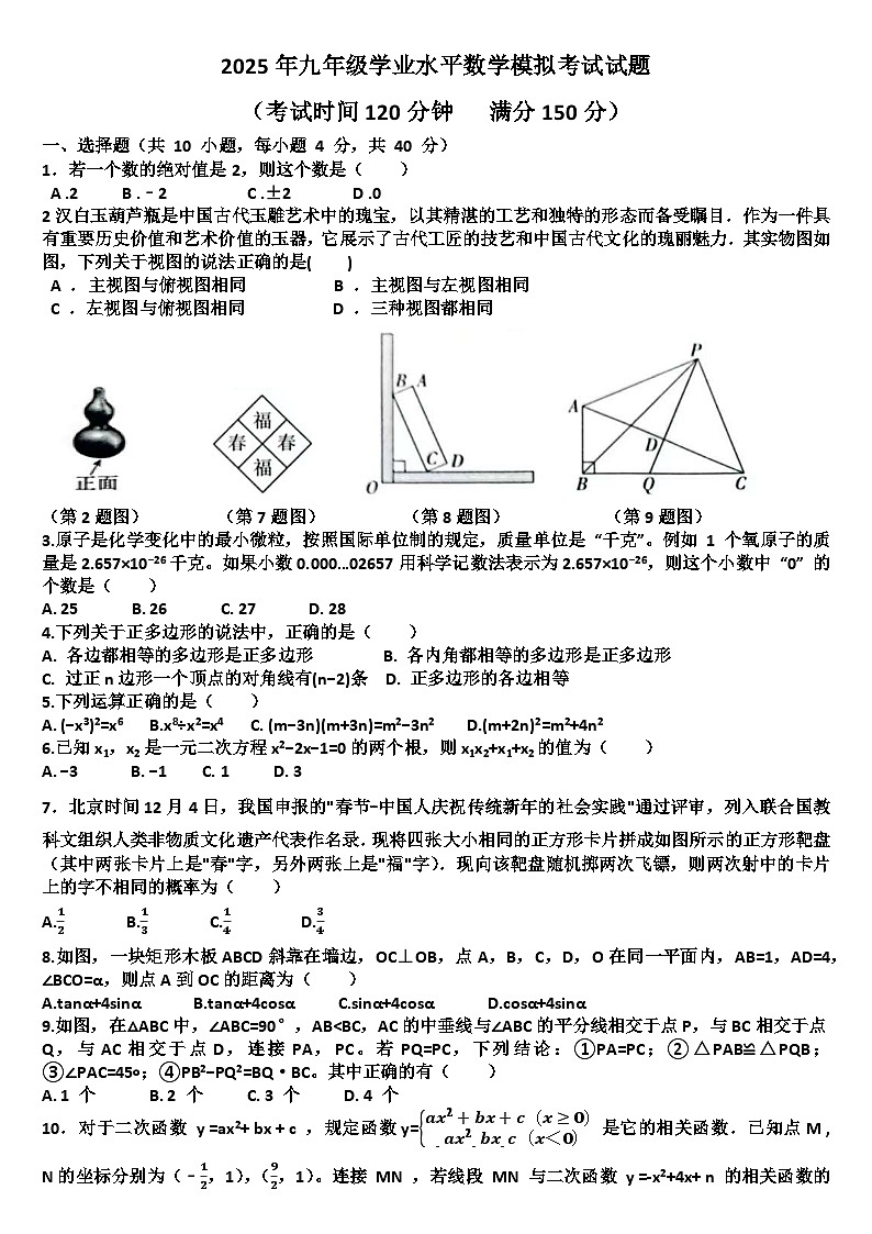 2025年九年级下学期数学模拟考试试题以及答案(适用北师大版)第1页