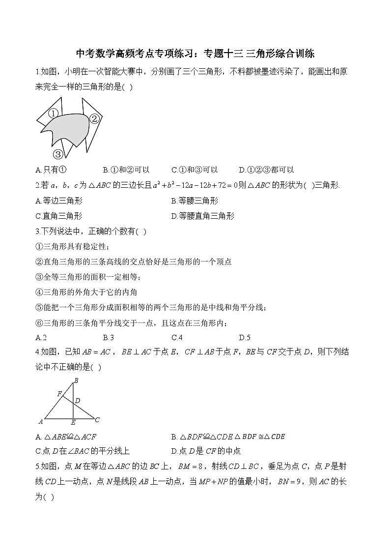 中考数学高频考点专项练习：专题13 三角形综合训练 (3)及答案第1页