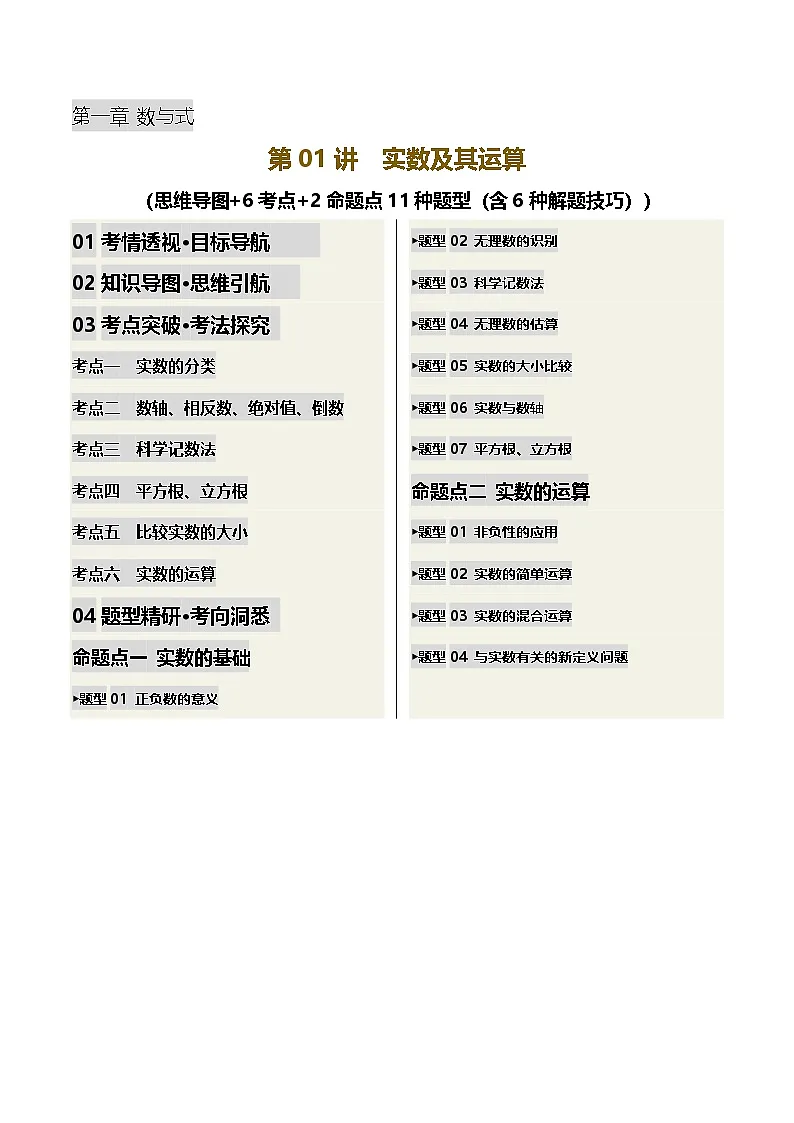 第01讲 实数及其运算（讲义，6考点+2命题点11种题型（含6种解题技巧）)（原卷版）第1页
