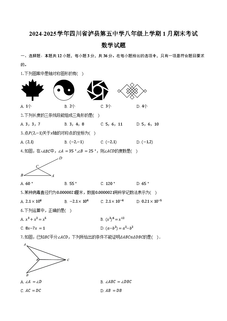 2024-2025学年四川省泸县第五中学八年级上学期1月期末考试数学试题（含答案）第1页