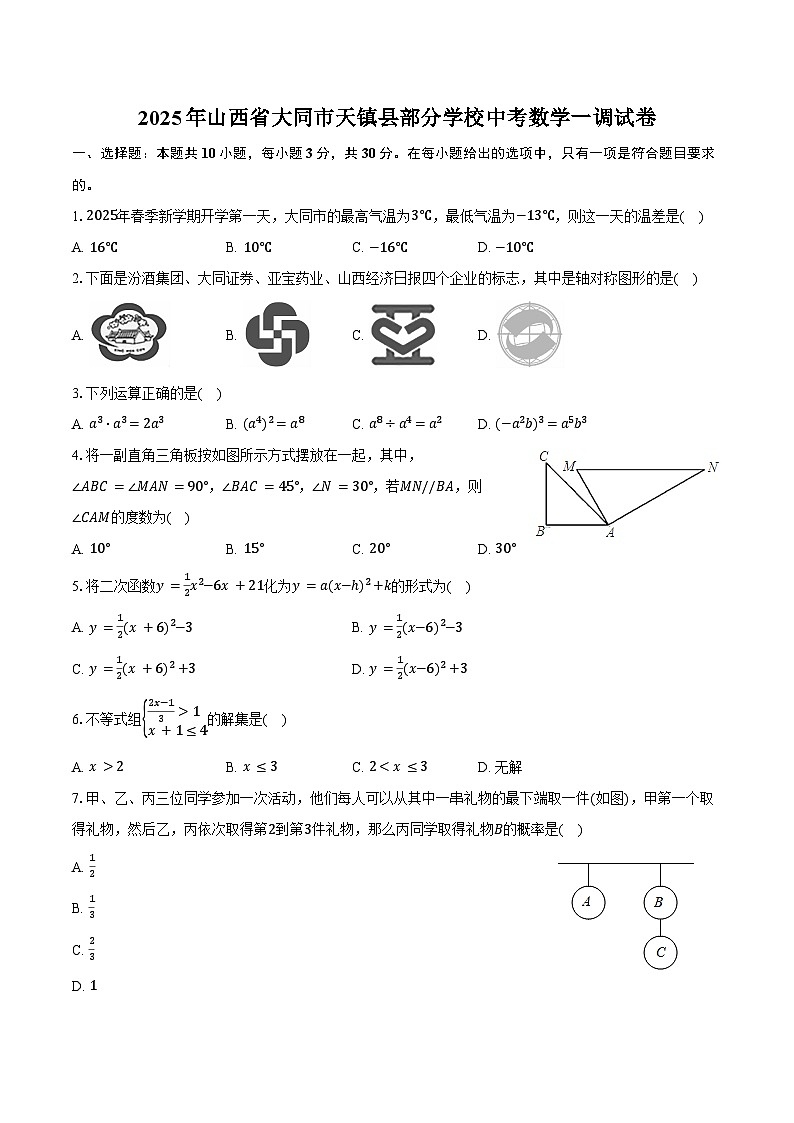 2025年山西省大同市天镇县部分学校中考数学一调试卷（含答案）第1页
