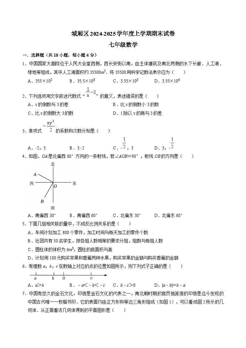 福建省莆田市城厢区2024-2025学年七年级上学期1月期末考试数学试(含答案)第1页