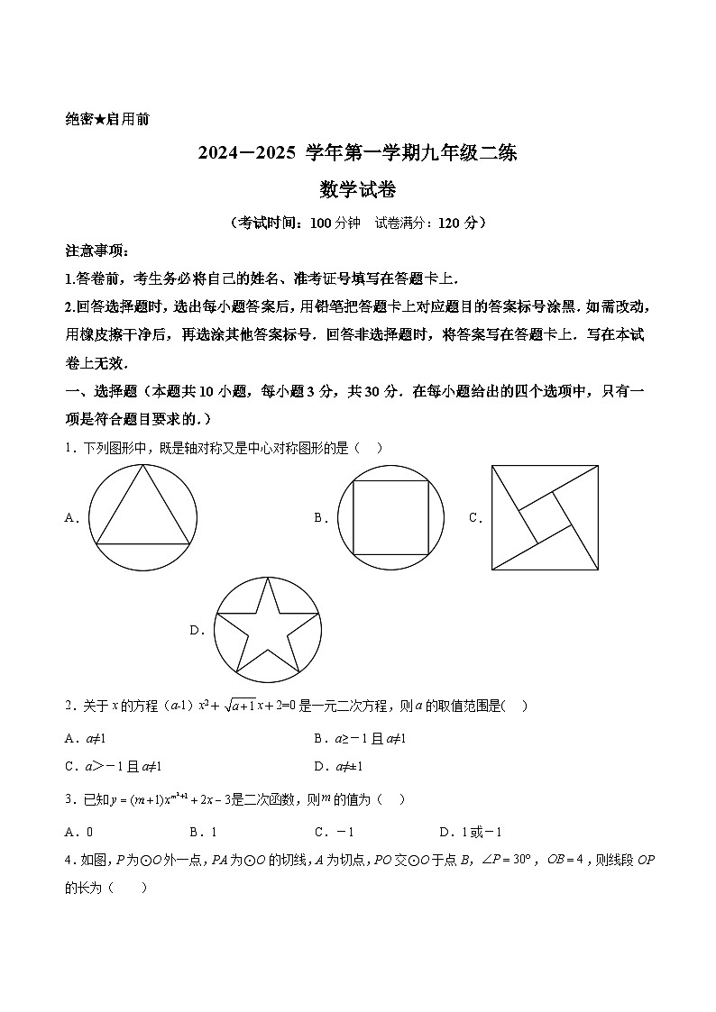 河南省洛阳市2025届九年级上学期二练（月考）数学试卷(含解析)第1页