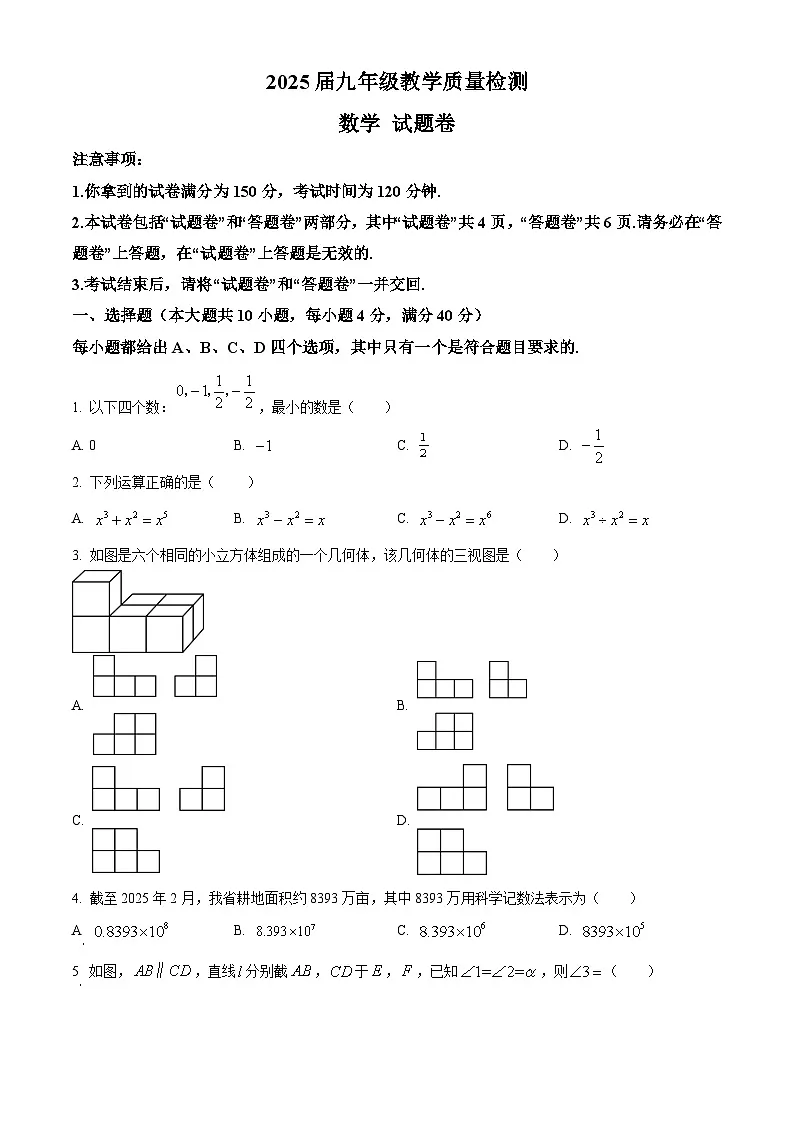 安徽省阜阳市2025届中考一模联考 数学卷第1页