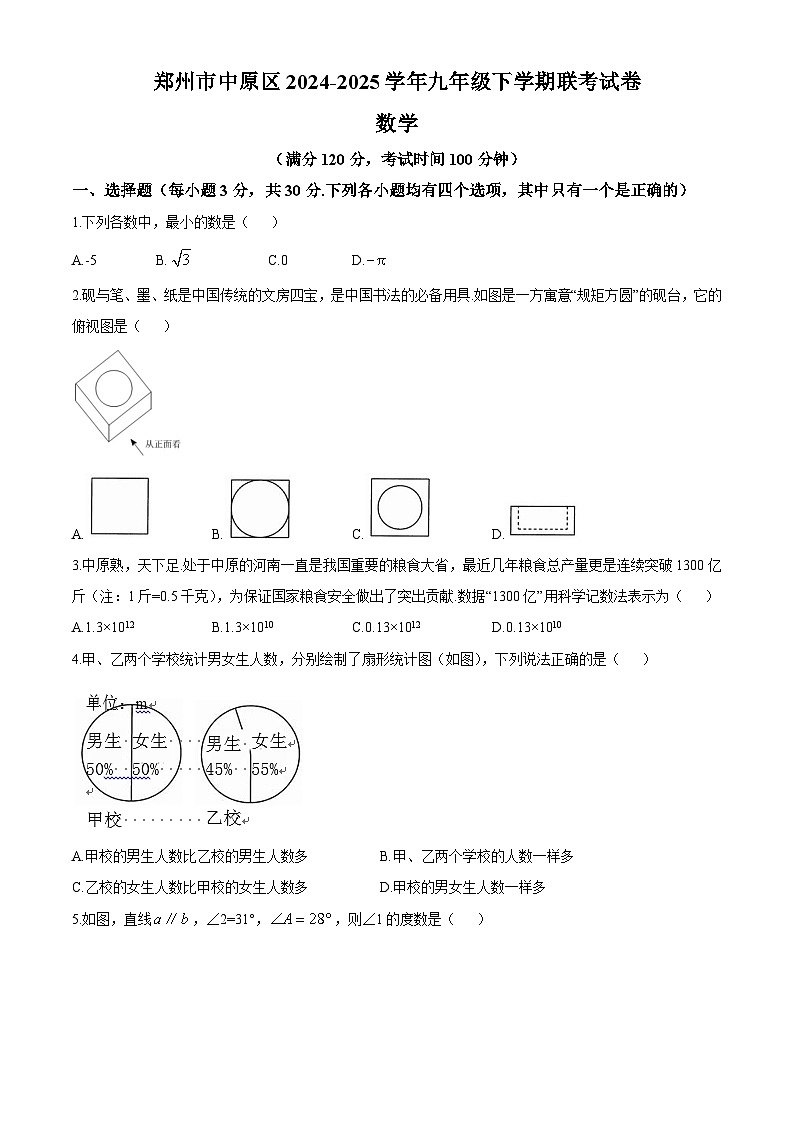 河南省郑州市中原区2025届九年级下学期第一次联考 数学试题试卷第1页