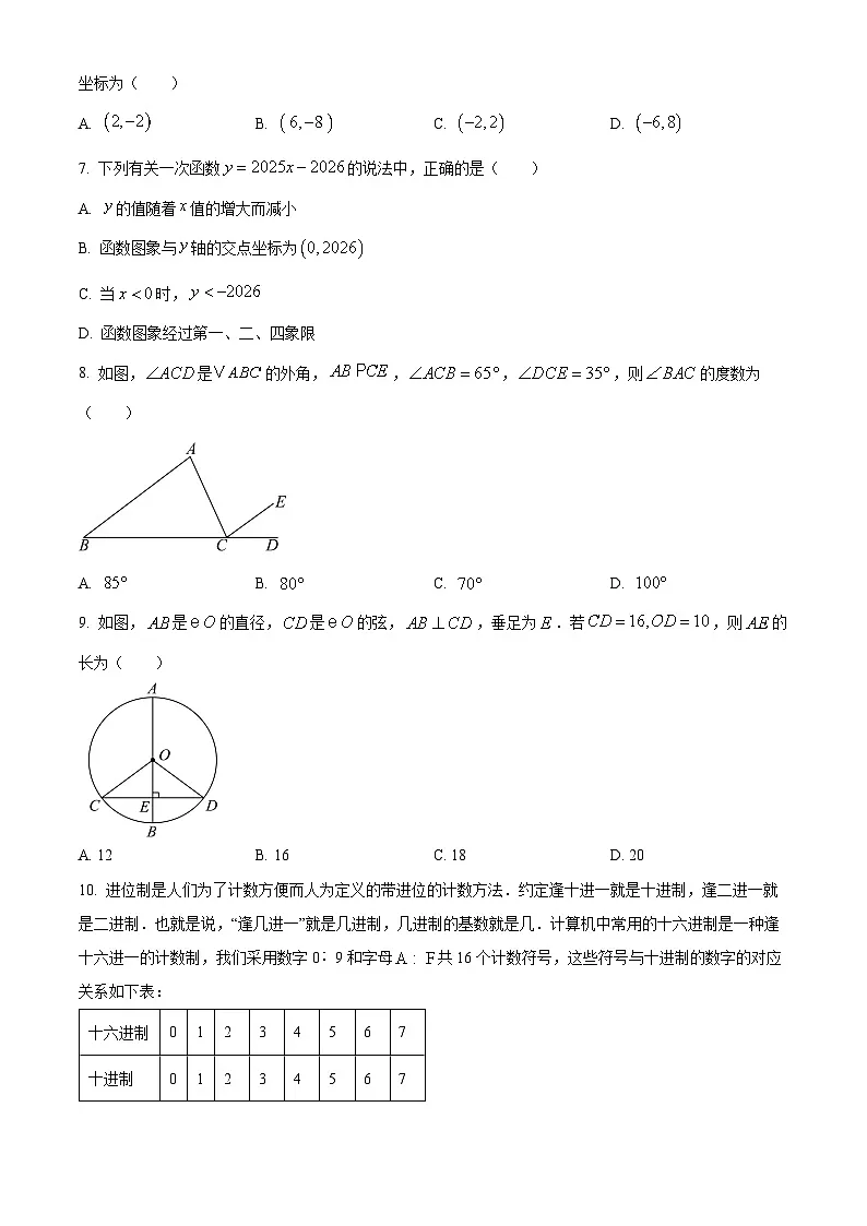 湖南省长沙市2025届中考适应性试卷（二） 数学第2页