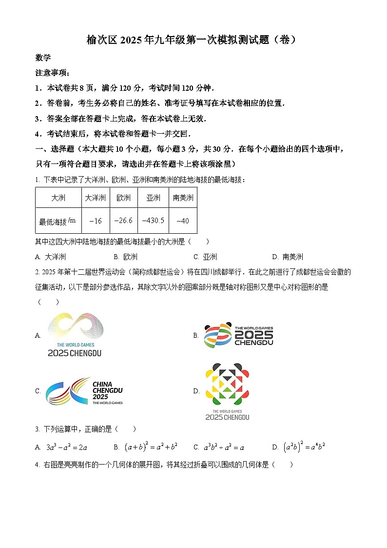 山西省晋中市榆次区九年级2025届中考一模 数学试卷第1页