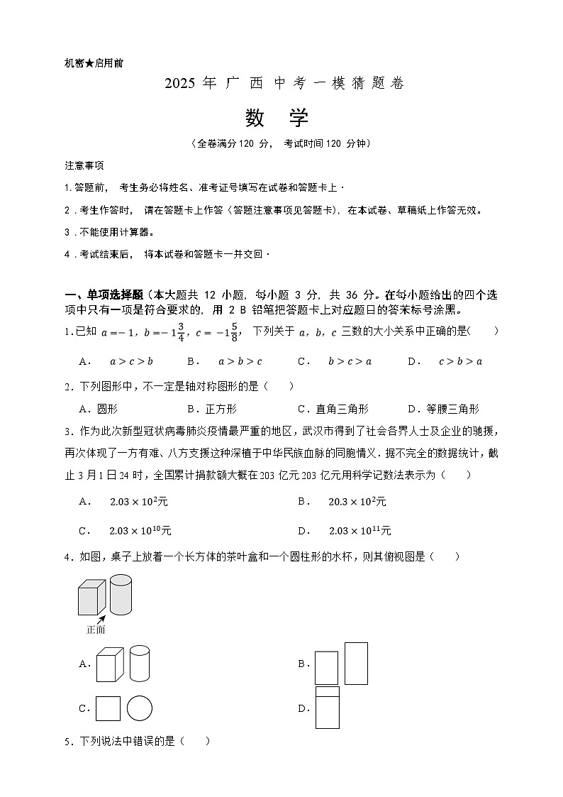 2025年中考数学一模猜题卷（广西专用）—2025年全国各地市最新中考数学模拟考试（含答案）第1页