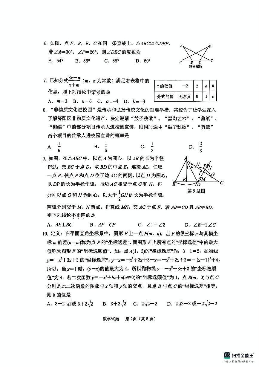 2025年山东济南济阳区九年级中考一模数学试题（含答案）第2页