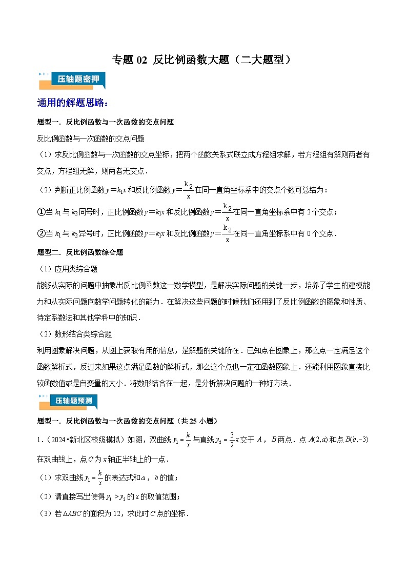 专题02 反比例函数大题 (二大题型)教师版-2025年中考数学压轴训练第1页