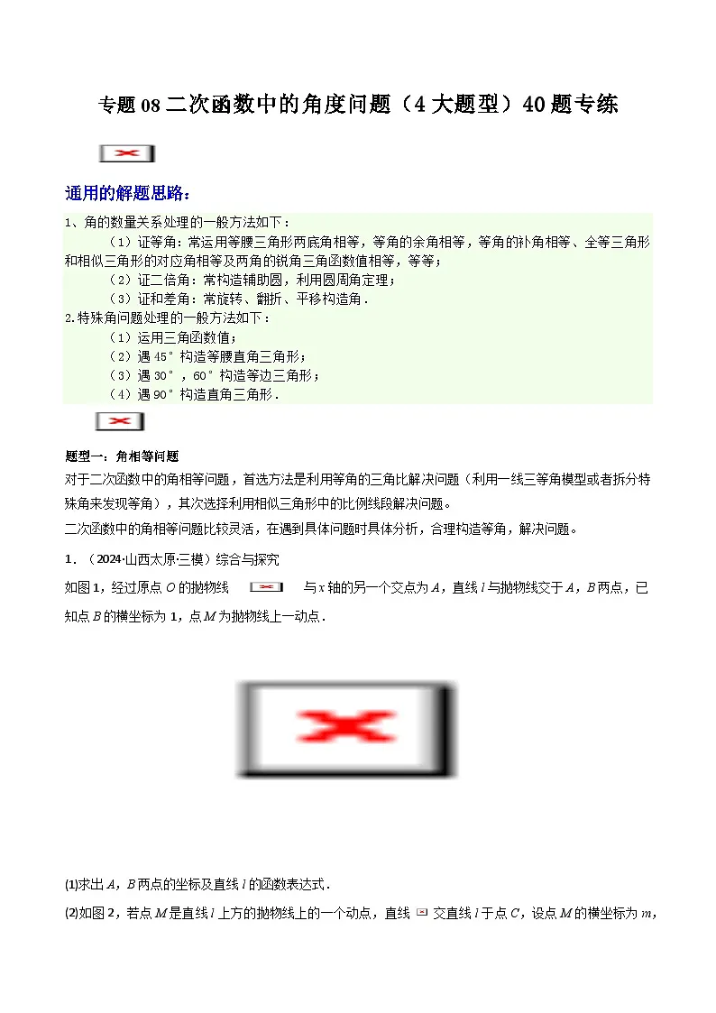 专题08 二次函数中的角度问题 (4大题型)40题专练 (教师版)-2025年中考数学压轴训练第1页