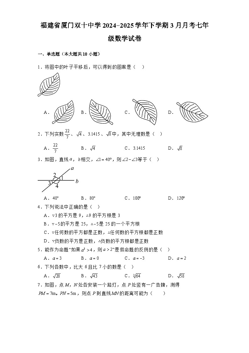 福建省厦门双十中学2024-2025学年下学期3月月考七年级 数学试卷（含解析）第1页