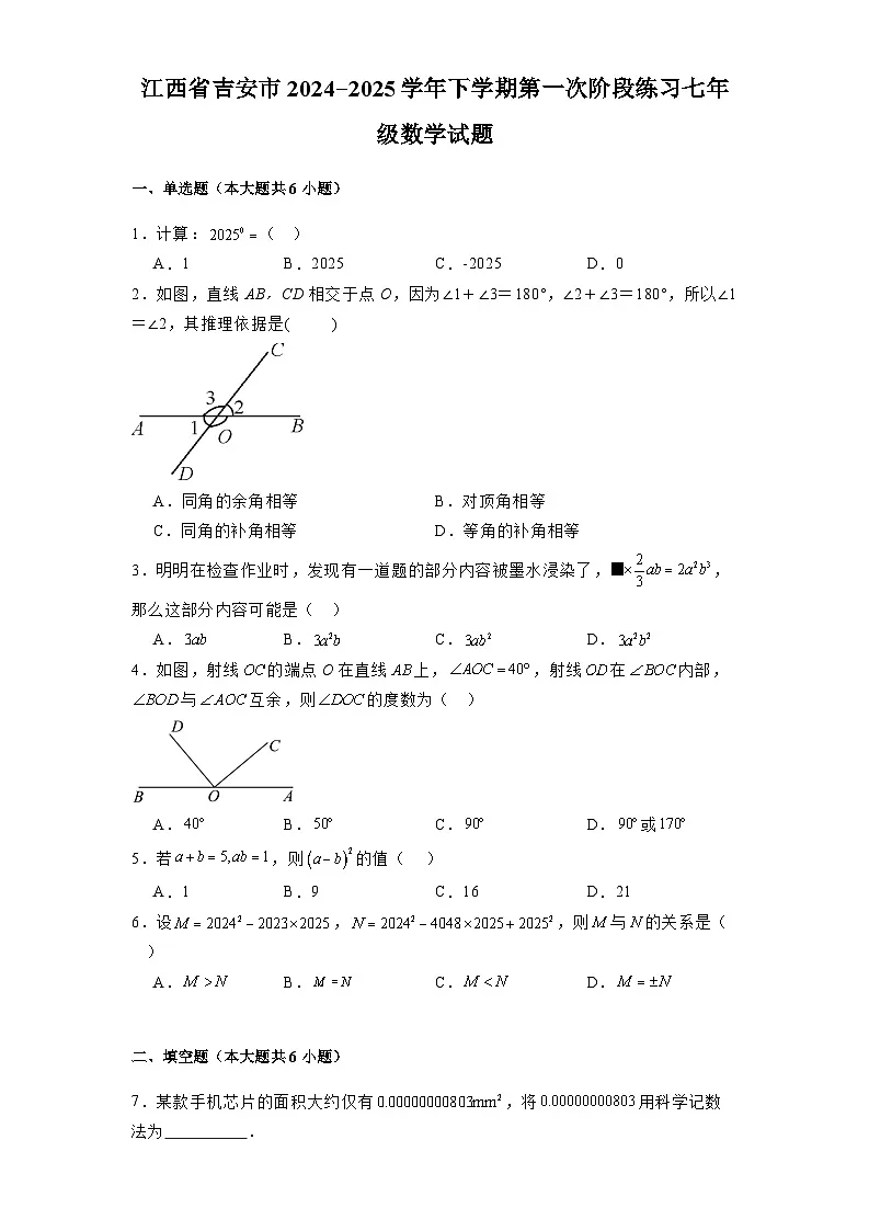 江西省吉安市2024-2025学年下学期第一次阶段练习七年级 数学试题（含解析）第1页