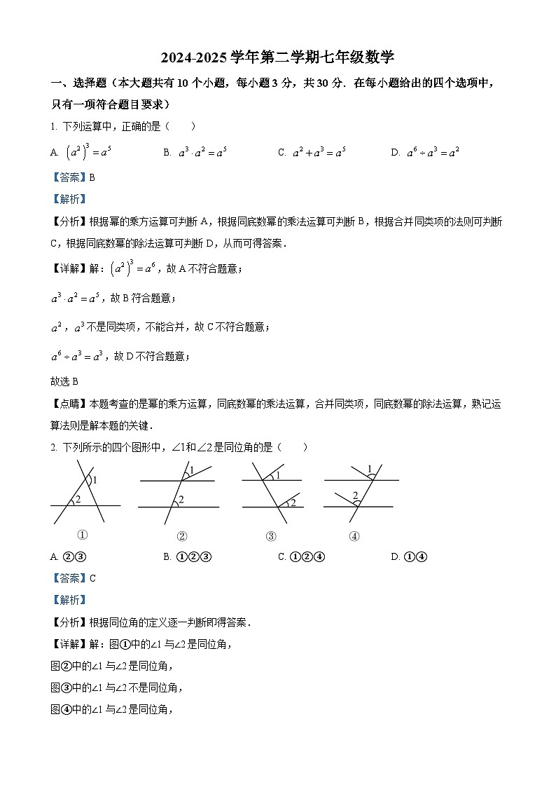 山西省太原市第五中学校2024-2025学年七年级下学期3月月考 数学试题（含解析）第1页