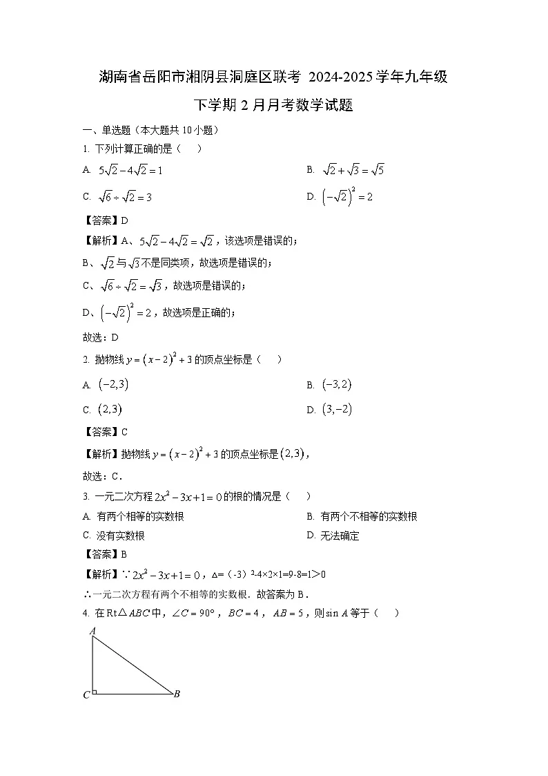 湖南省岳阳市湘阴县洞庭区联考2024-2025学年九年级下学期2月月考数学试卷（解析版）第1页