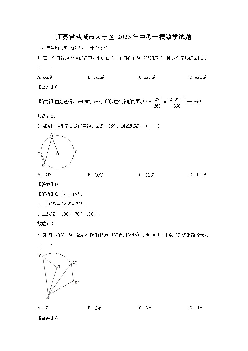 江苏省盐城市大丰区2025年中考一模数学试卷（解析版）第1页