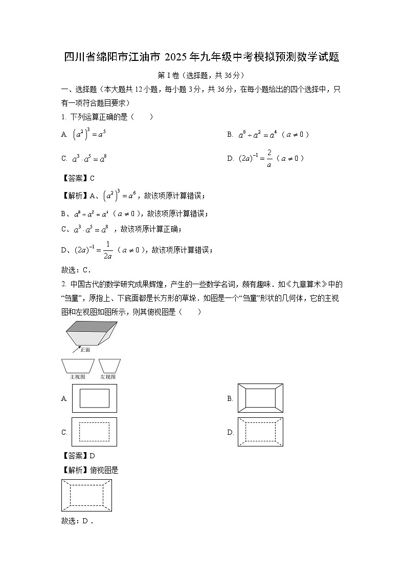 四川省绵阳市江油市2025年九年级中考模拟预测数学试卷（解析版）第1页