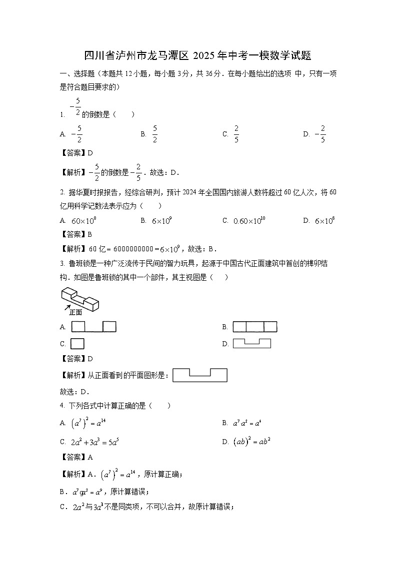 四川省泸州市龙马潭区2025年中考一模数学试卷（解析版）第1页
