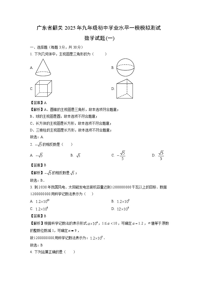 广东省韶关2025年九年级初中学业水平一模模拟测试(一)数学试卷（解析版）第1页