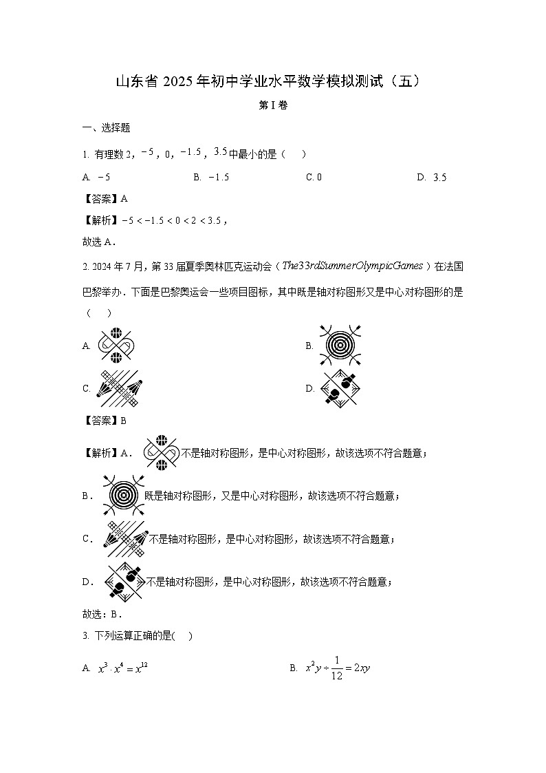 山东省2025年初中学业水平模拟测试（五）数学试卷（解析版）第1页