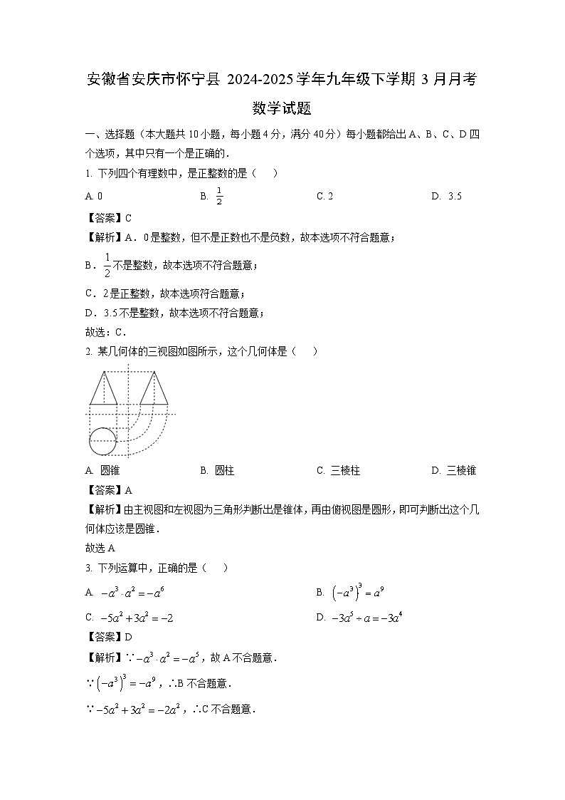 安徽省安庆市怀宁县2024-2025学年九年级下学期3月月考数学试卷（解析版）第1页