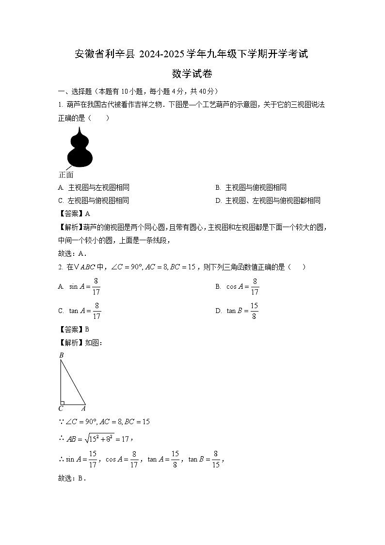 安徽省利辛县2024-2025学年九年级下学期开学考试数学试卷（解析版）第1页