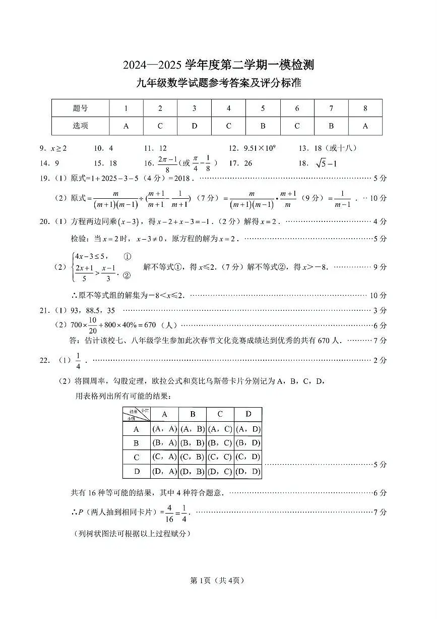 2025年江苏省徐州市九年级中考一模数学试题答案第1页