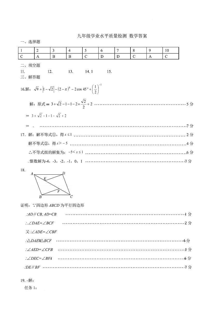 2025年山东省济南市中区九年级中考一模数学试题答案第1页