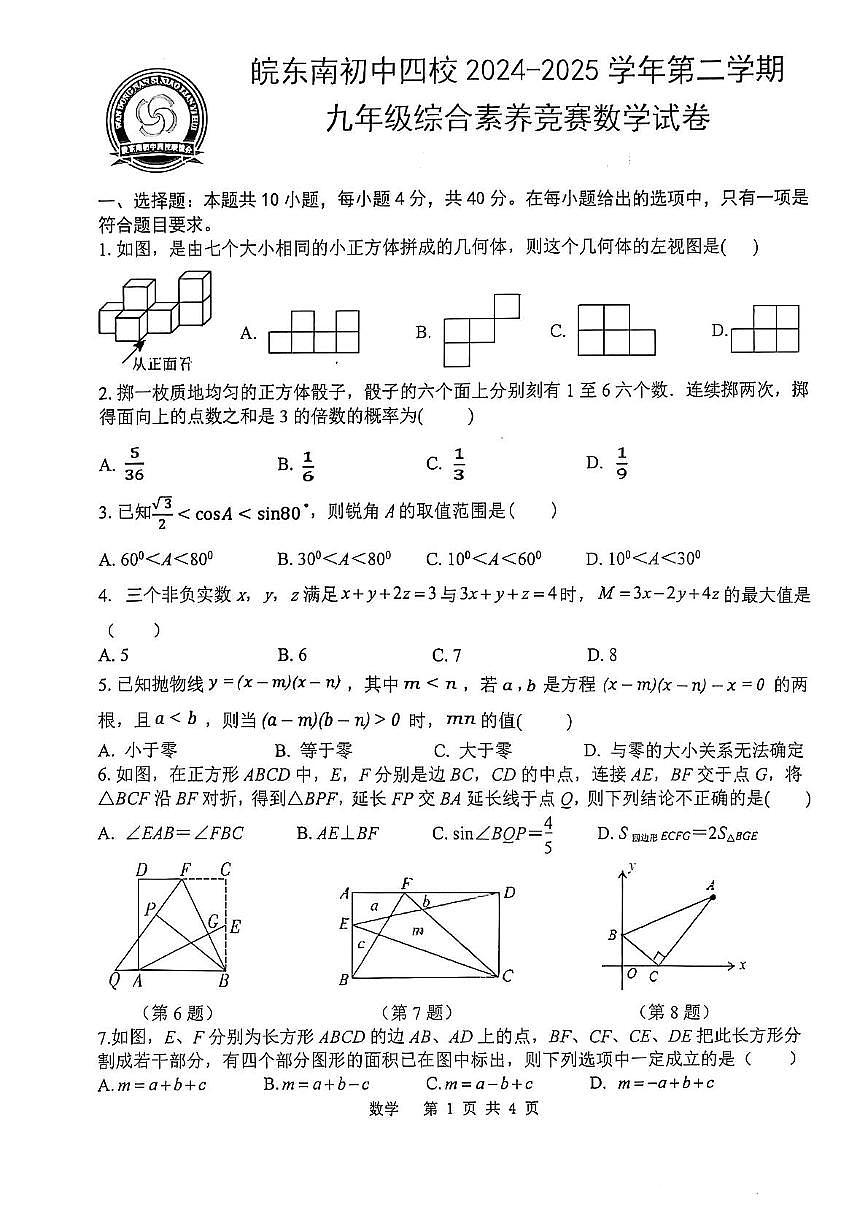 安徽省皖东南四校联考2024--2025学年下学期九年级数学竞赛试题第1页