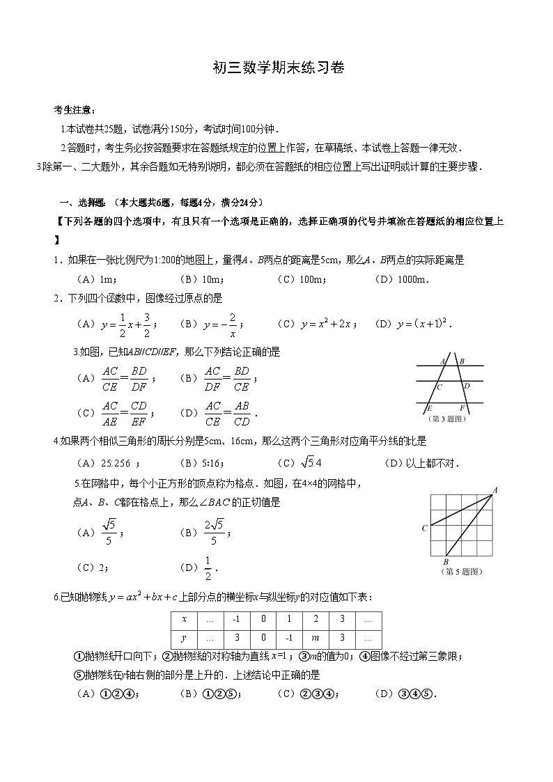 【2025届上海中考一模数学试卷】2025届上海市浦东新区初三一模数学试卷及答案第1页
