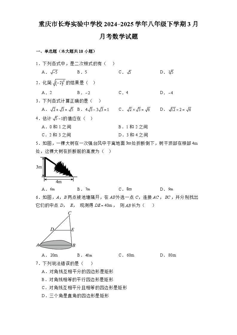 重庆市长寿实验中学校2024-2025学年八年级下学期3月月考 数学试题（含解析）第1页