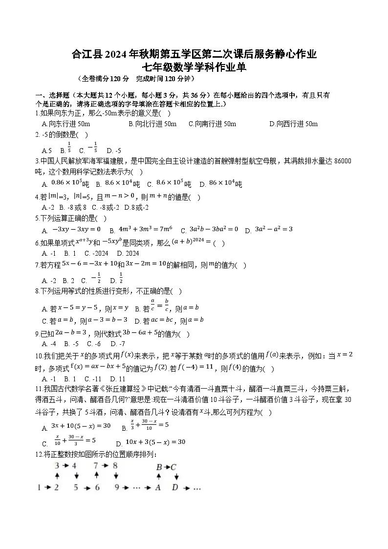 四川省泸州市合江县第五片区2024-2025学年七年级上学期第二次联考数学试卷(含答案)第1页