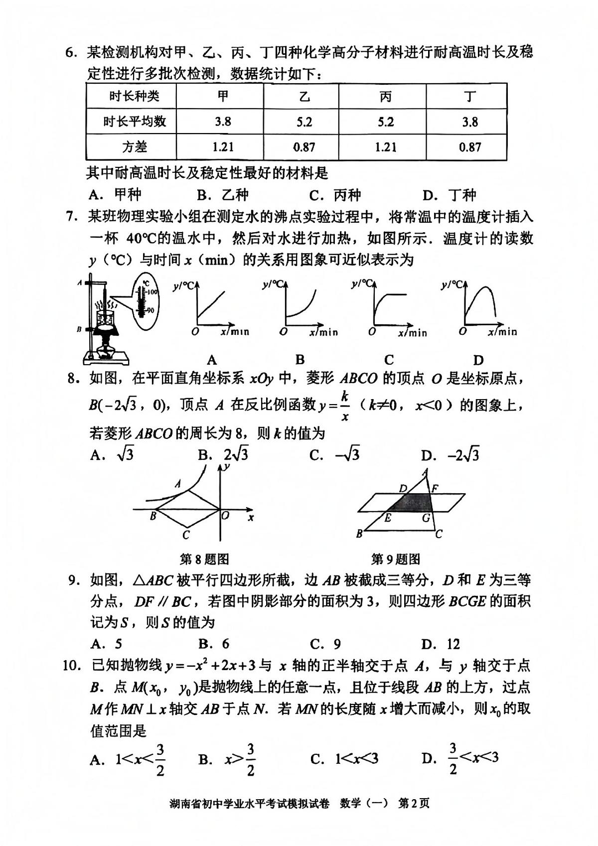 2025年湖南省初中学业水平考试模拟试卷数学（一）第2页