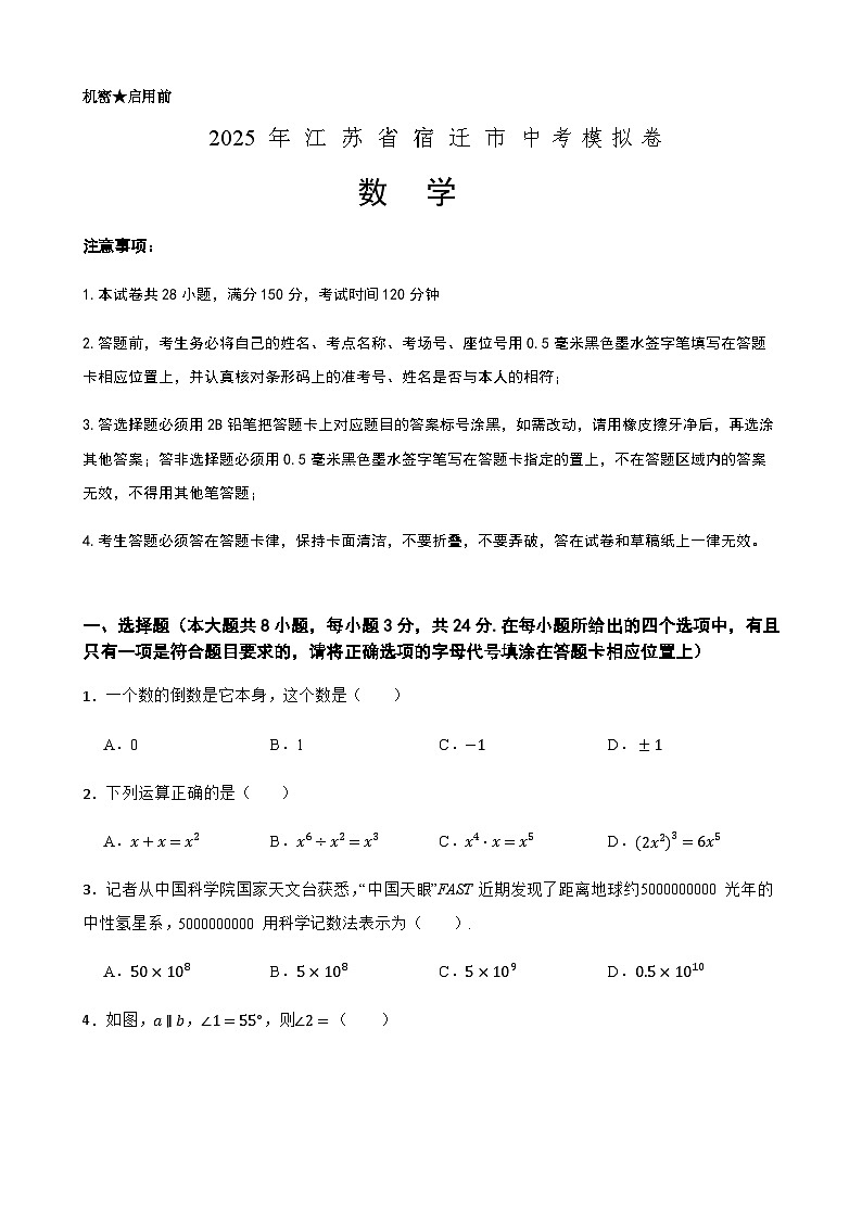 江苏省宿迁市2025年中考数学模拟预测卷（含解析）第1页