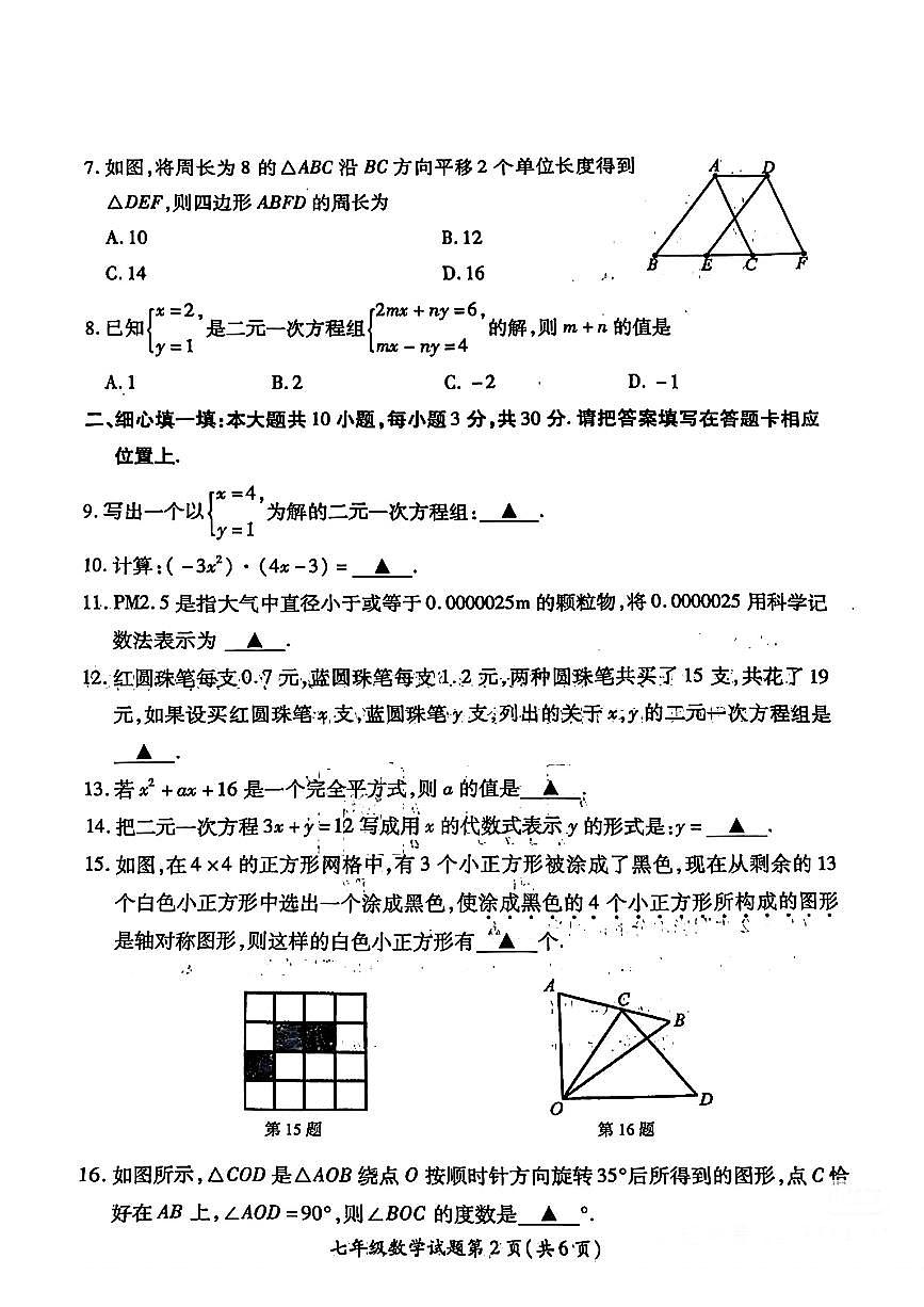 江苏省徐州市铜山区2024-2025学年七年级下数学期中试卷第2页