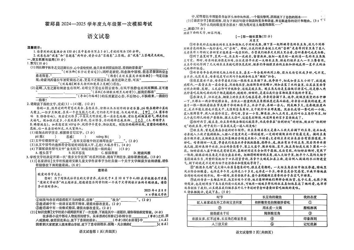 湖北省东湖市高新区2024-2025学年八年级下数学期中试卷第1页