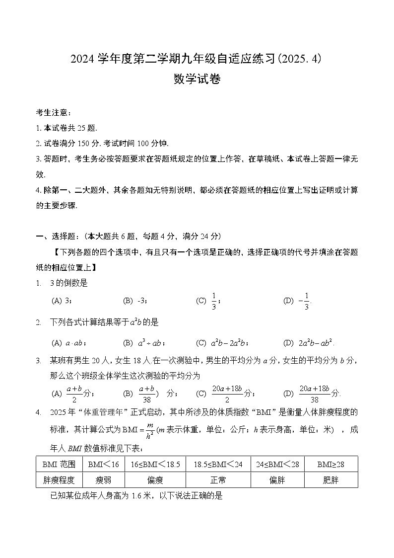 【2025届上海初三数学二模】2025届上海市普陀区初三数学二模试卷第1页
