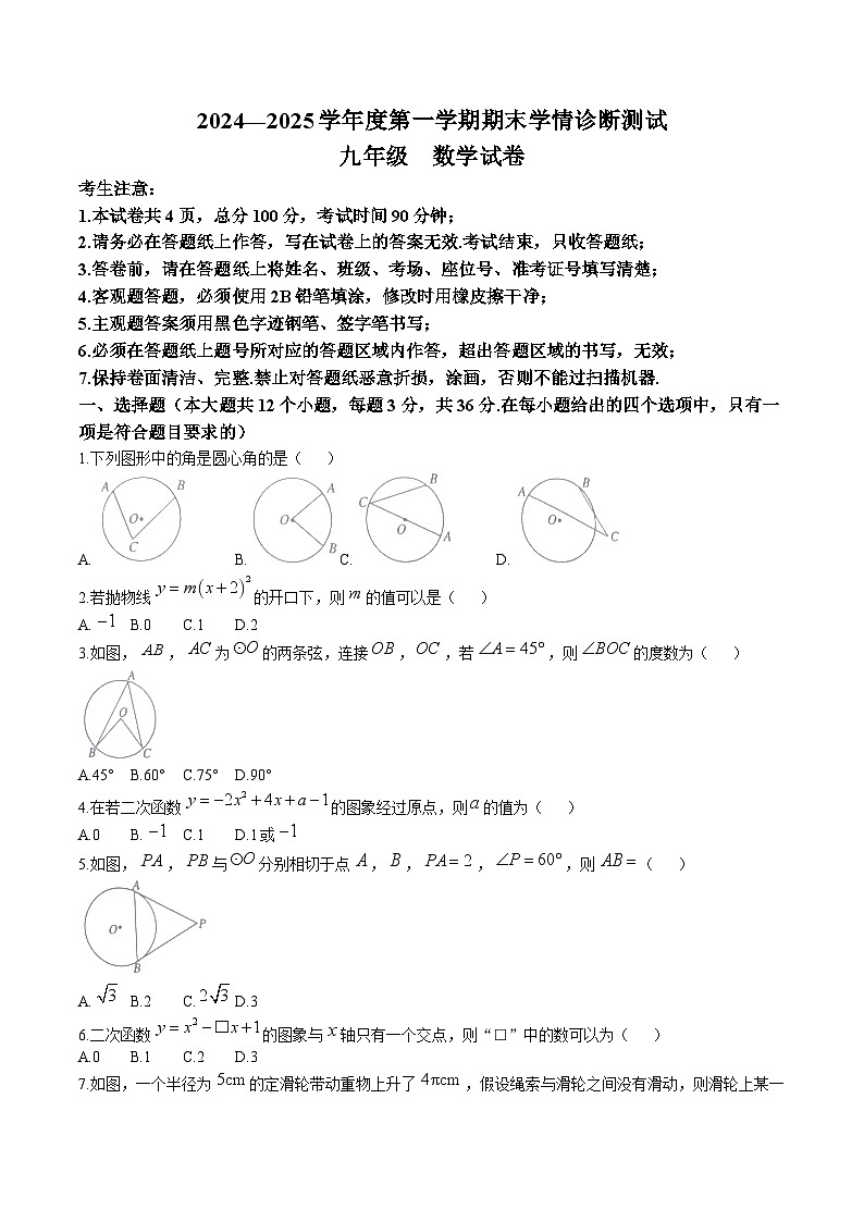 河北省张家口市桥西区2025届九年级上学期1月期末考试数学试卷(含答案)第1页