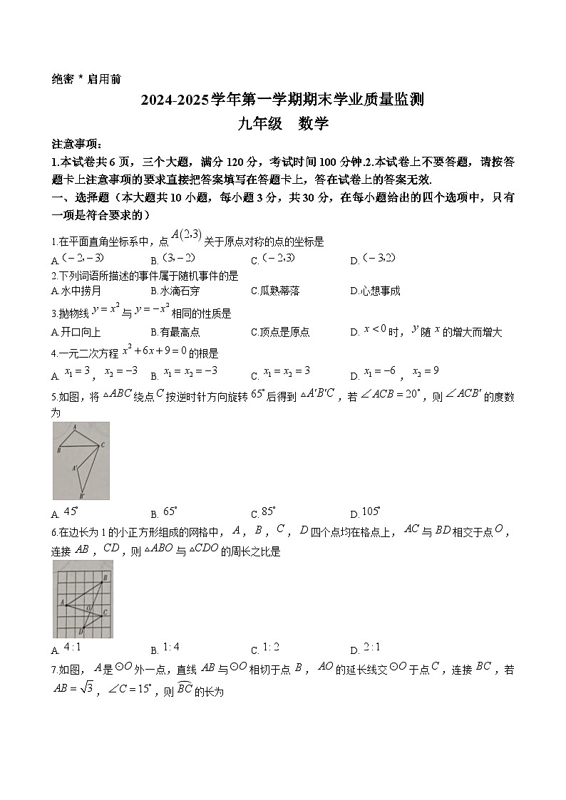河南省安阳市滑县2025届九年级上学期1月期末考试数学试卷(含答案)第1页