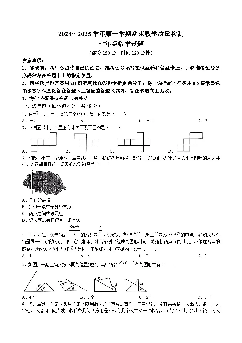 山东省德州市禹城市2024-2025学年七年级上学期期末考试数学试卷(含答案)第1页
