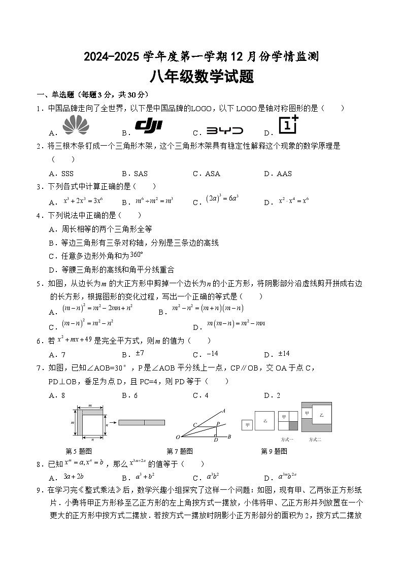 山东省济宁市金乡县2024-2025学年八年级上学期12月月考数学试卷(含答案)第1页