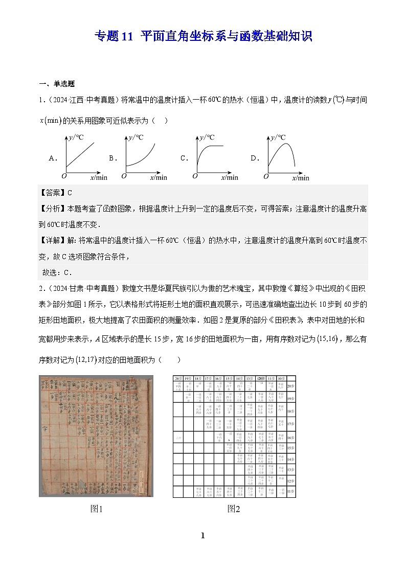 2024年中考数学真题分类汇编专题11 平面直角坐标系与函数基础知识（解析版）第1页