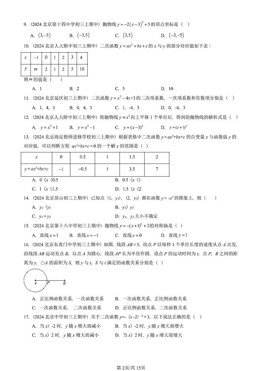 2024北京重点校初三（上）期中真题数学汇编：二次函数和反比例函数章节综合（京改版）（单选题）4第2页