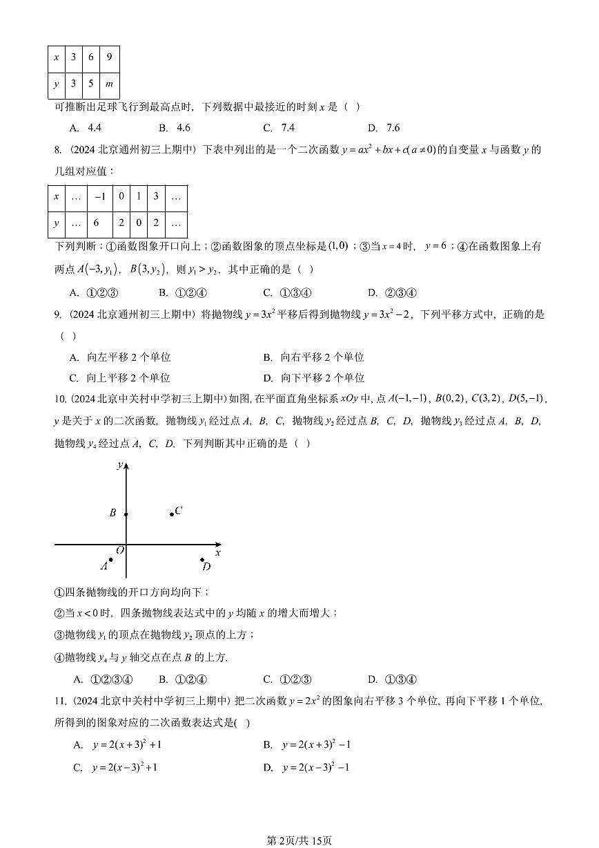 2024北京重点校初三（上）期中真题数学汇编：二次函数和反比例函数章节综合（京改版）（单选题）1第2页