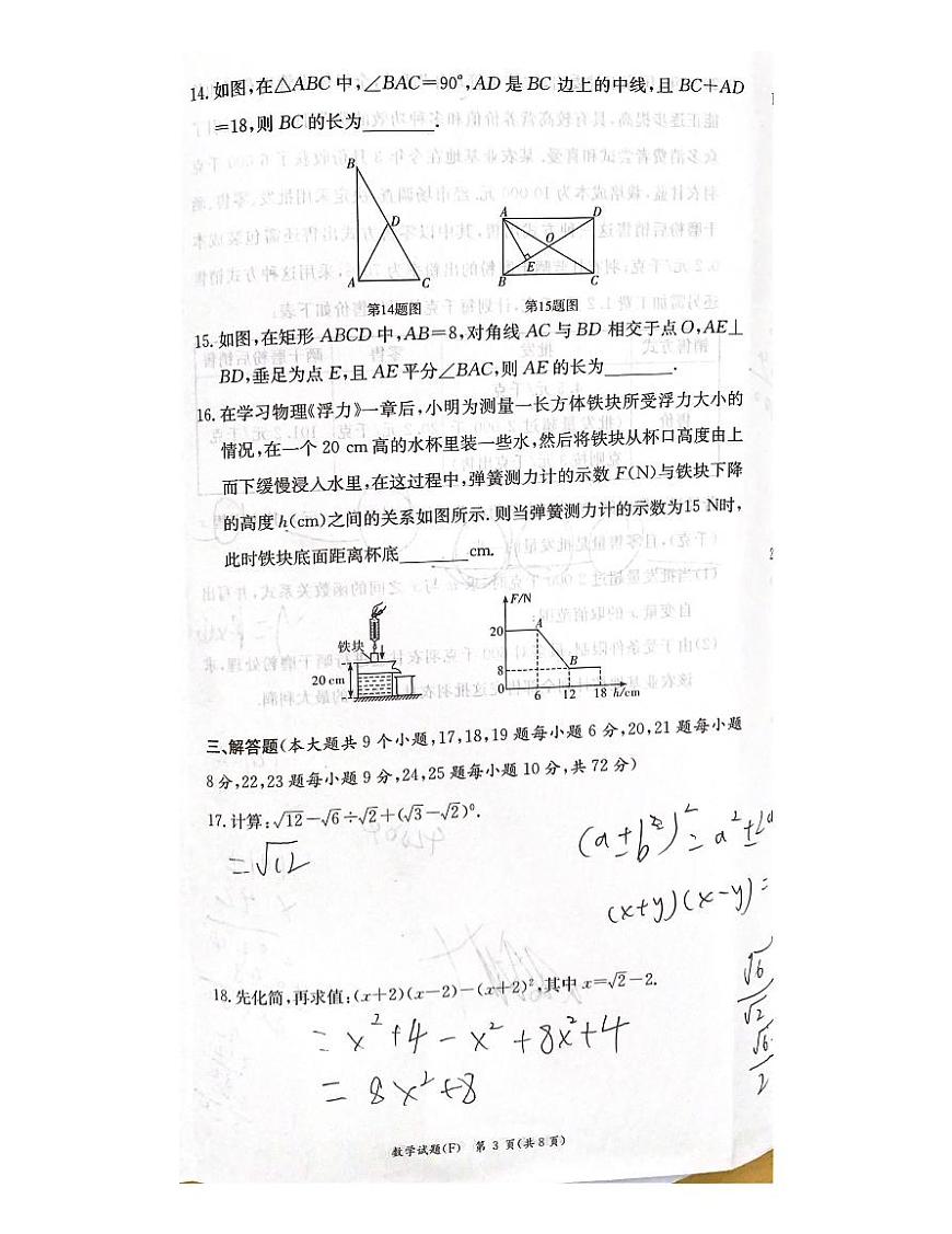 2024-2025湖南师大附中高新八下期中考试数学试卷第3页