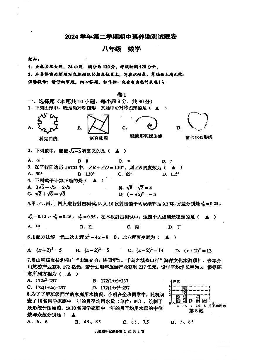 浙江省舟山市2024-2025学年八年级下数学期中试卷第1页