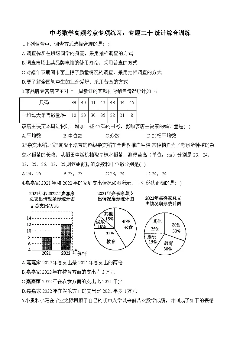 中考数学高频考点专项练习：专题20 统计综合训练 (2)及答案第1页