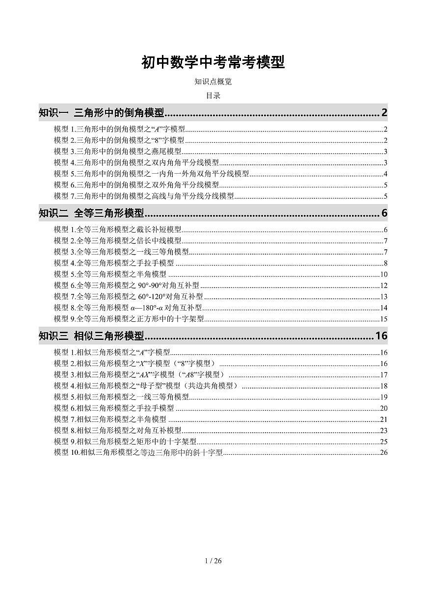 2025年中考数学专题-常考模型归纳练习含答案第1页