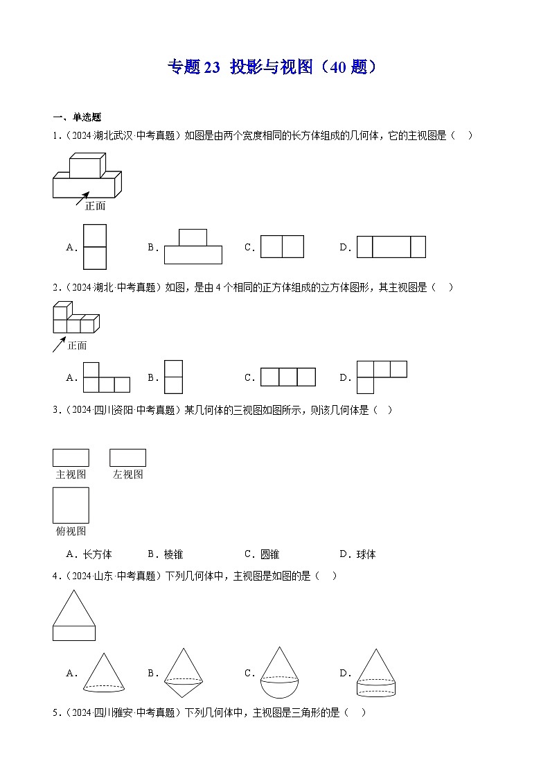 2024年中考数学真题分类汇编专题23 投影与视图（40题）（学生版）第1页